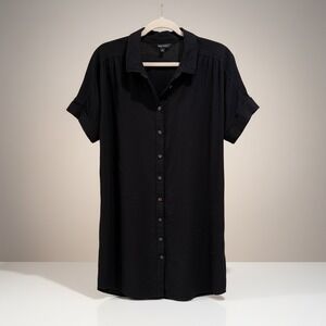 Well Worn Black Linen Blend Short Sleeve Button Up Shirt Dress Tunic XL 1844383